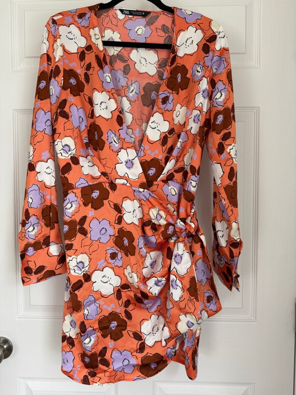 Zara Orange Floral Wrap Dress with Lavender and White Blooms